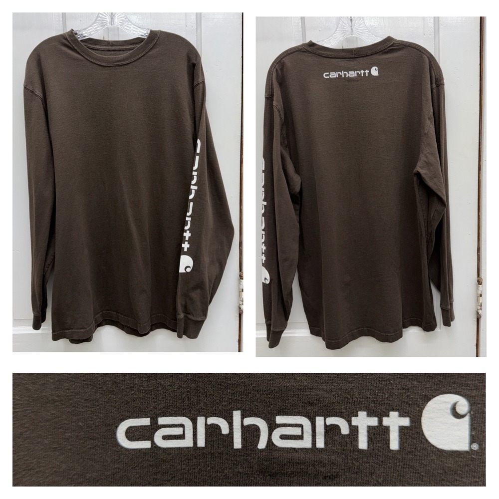 Carhartt Original Fit Mens Medium Long Sleeve Brown Shirt White Logo Graphic
